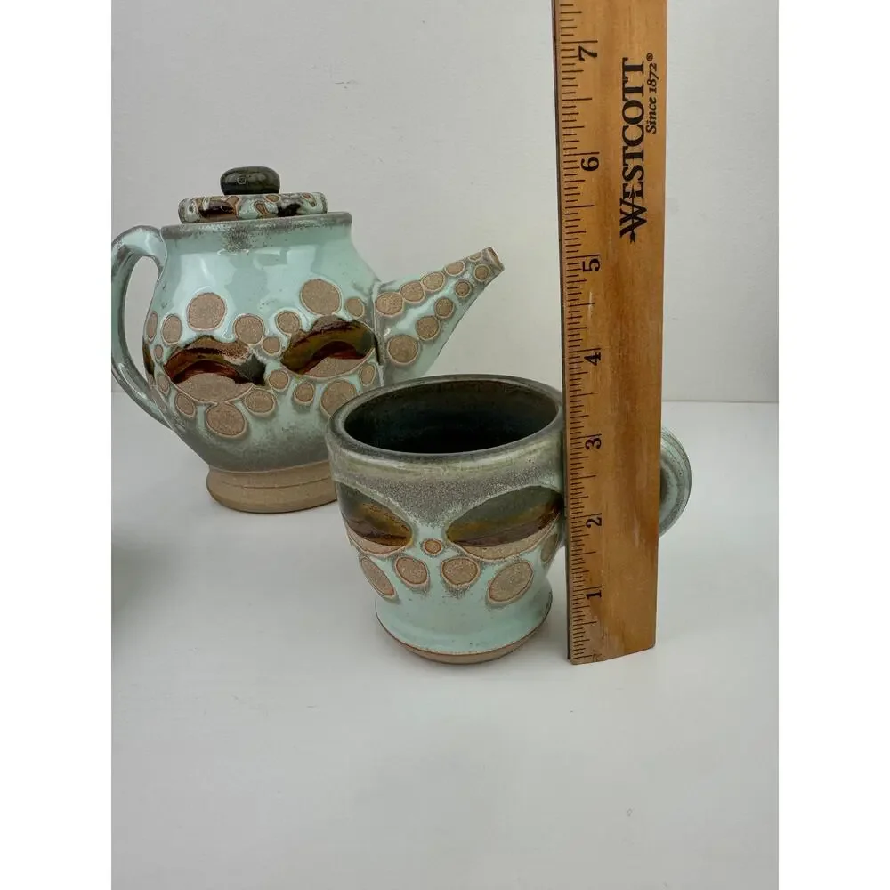 OOAK Blue Beige Ceramic Hand Thrown Pottery Tea Plate Cup Teapot Tea Set 3-Piece